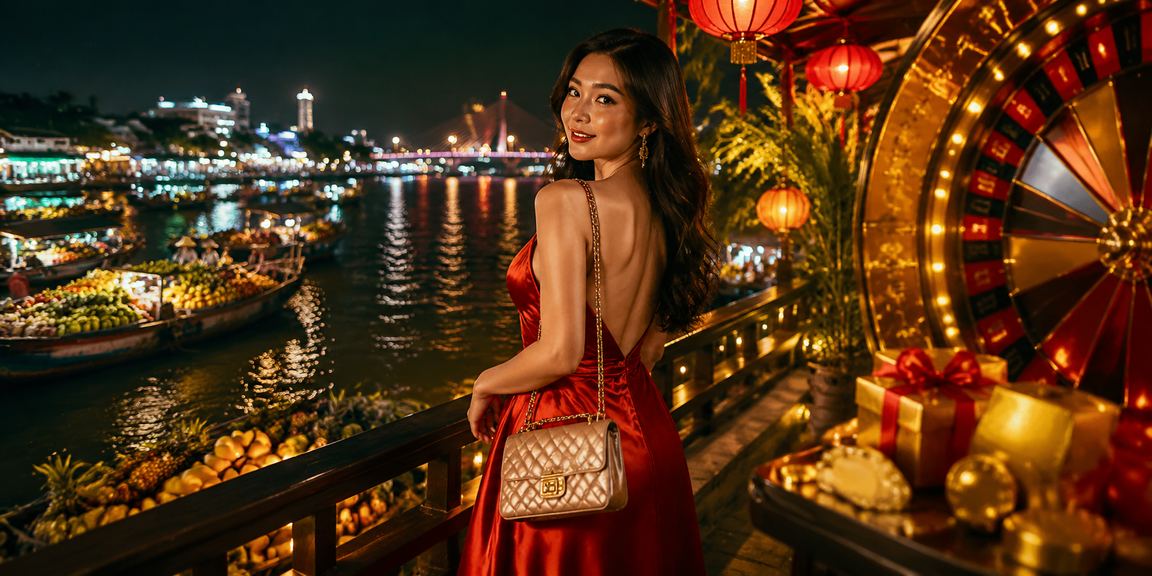 Cảnh chơi roulette trực tuyến với phong cảnh sông Mekong và không khí giải trí buổi tối