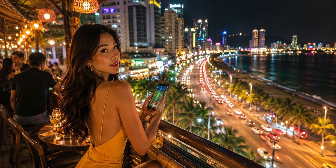 Khung cảnh chợ đêm Nha Trang với người dùng theo dõi cá cược thể thao trên điện thoại an toàn