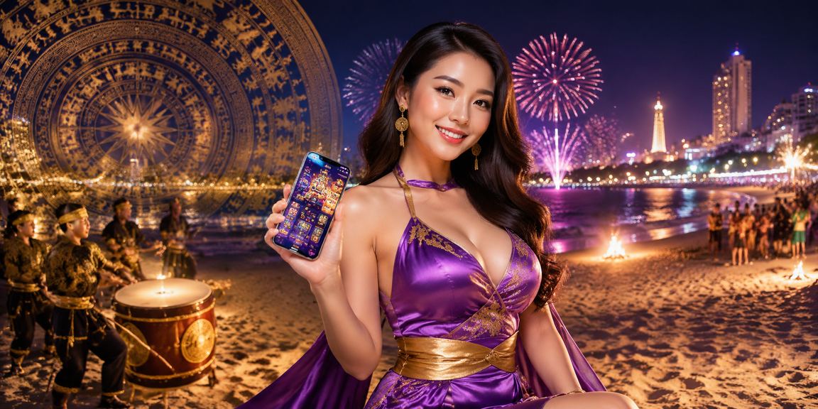 Người dùng tại bãi biển Vũng Tàu xem thông tin khuyến mãi casino trên điện thoại